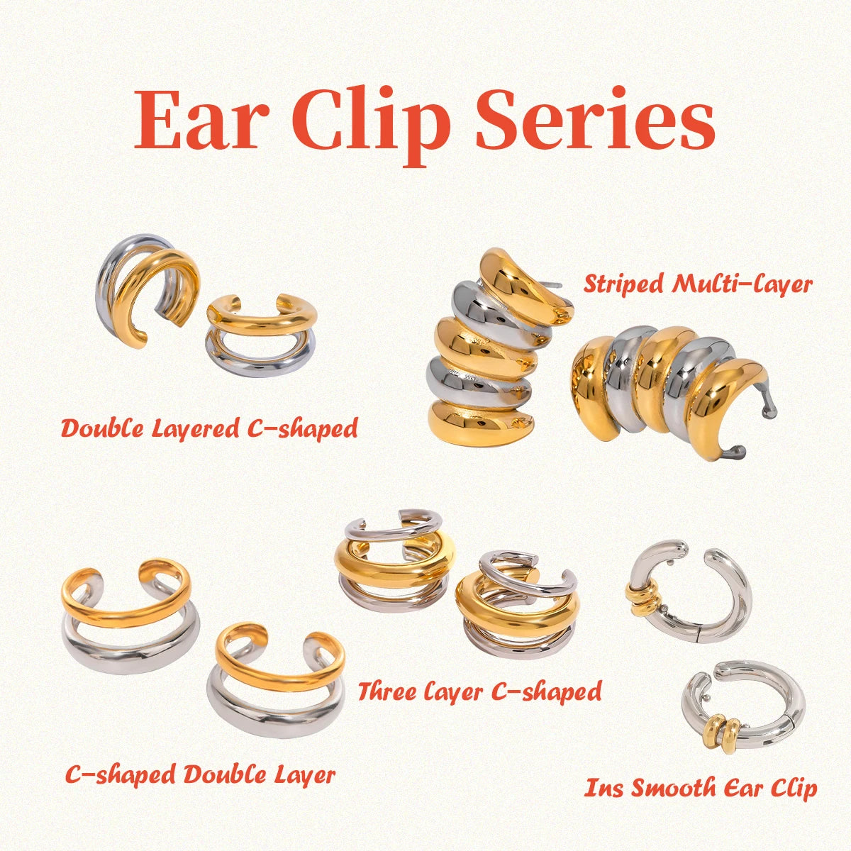 Creative 18K Gold Plated Stainless Steel Geometric Color Matching Ear Clip Series Women Waterproof Attractive Jewelry