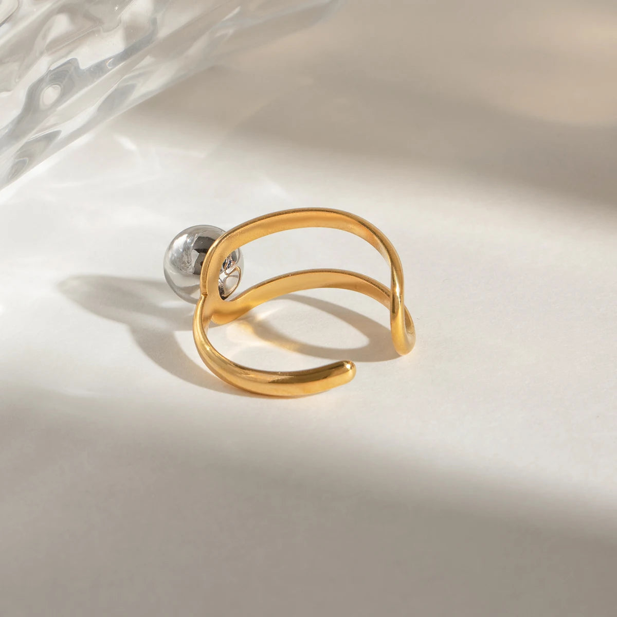 Hollow Steel Ball Open Ring – 18K Gold Plated Stainless Steel