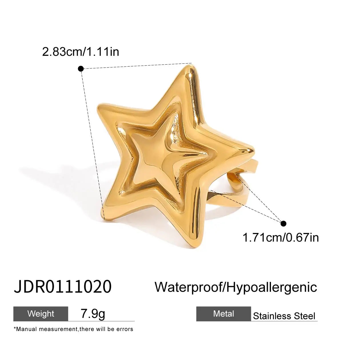 18K PVD Plated Light Cozy Stainless Steel Geometric Smooth Convex Pentagram Open Ring Trendy Women Premium Statement Jewelry