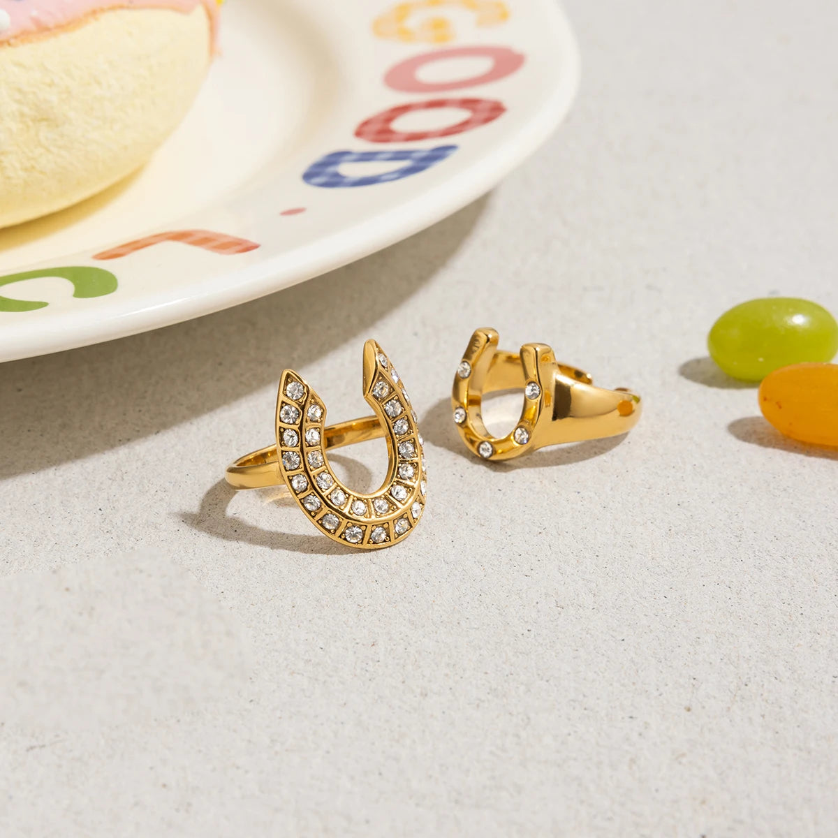 Zora Classic All-match Horseshoe U-shaped Open Ring with Rhinestones 18K Gold-plated Stainless Steel Waterproof Female Jewelry