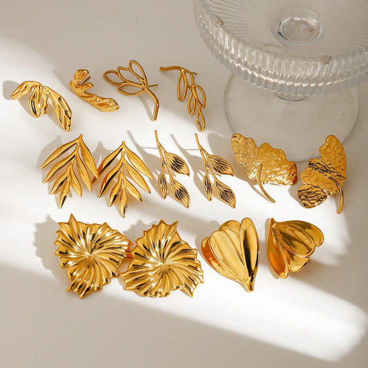Flower Leaf Stud Earrings – 18K Gold Plated Stainless Steel