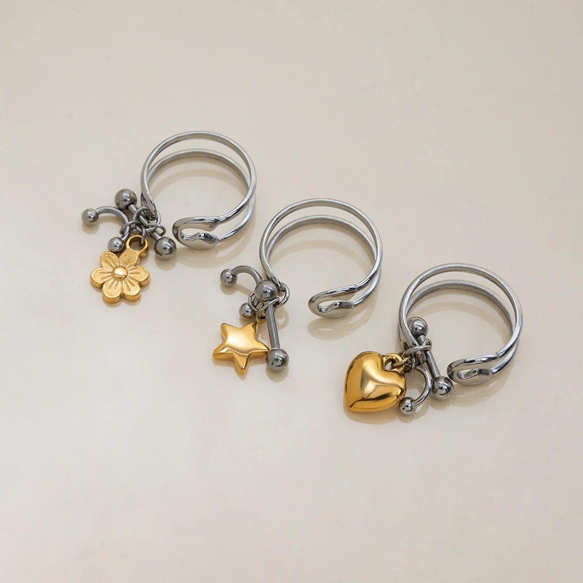 Zora Trendy Women's Paper Clip Design Flower Heart Star Pendant Open Ring 18K Gold-plated Stainless Steel Waterproof Jewelry