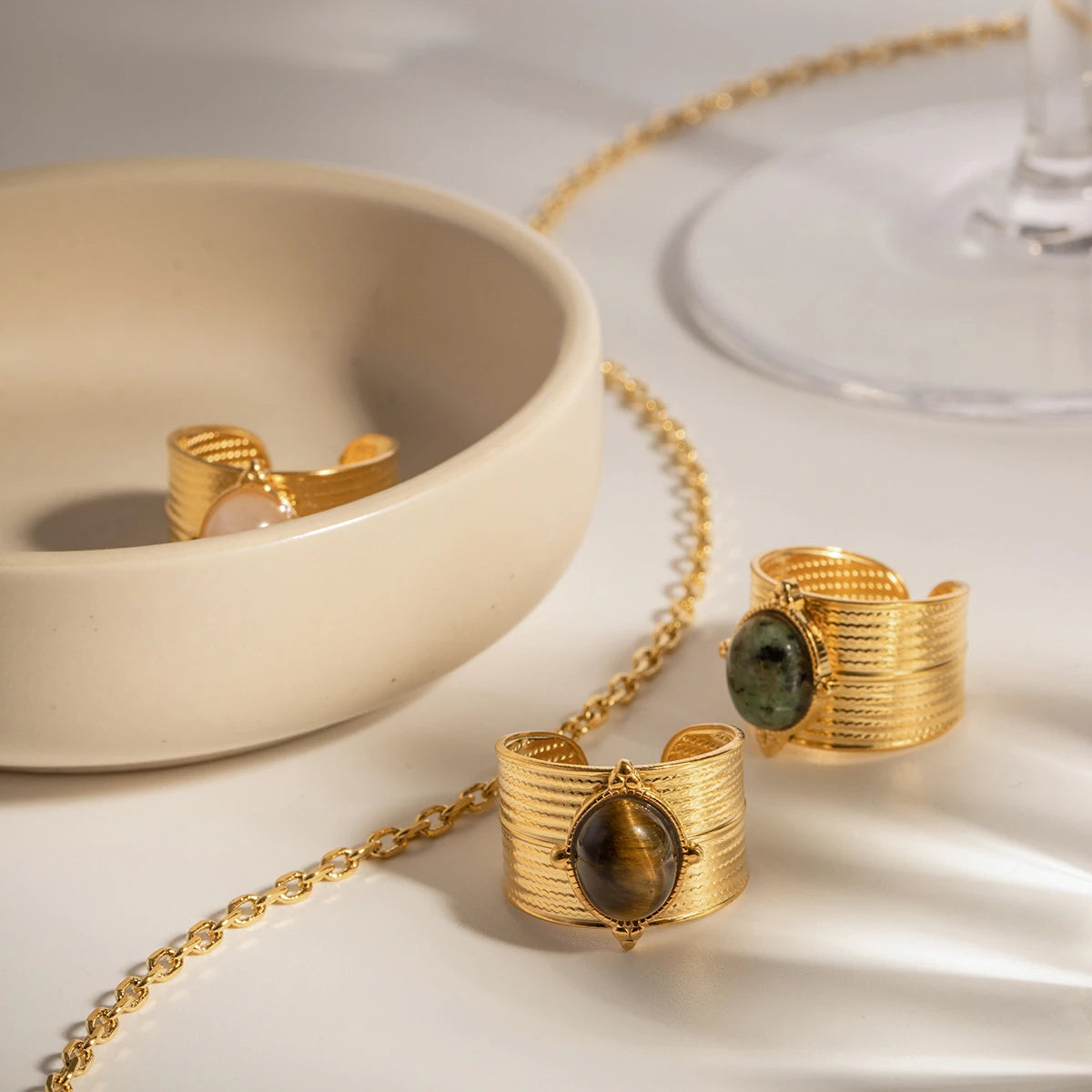 Natural Tiger Eye Open Ring – 18K Gold Plated Stainless Steel