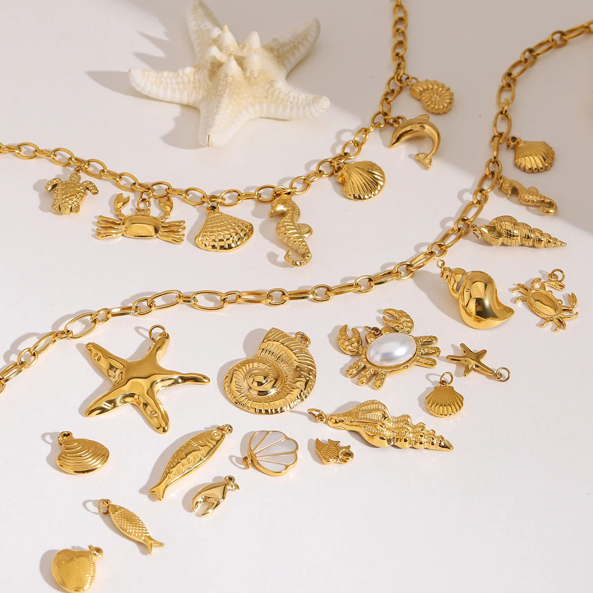 Zora Ocean Vacation 18K Gold Plated Stainless Steel Starfish Shell Pendant DIY Accessories Making Supplies for Necklace Bracelet