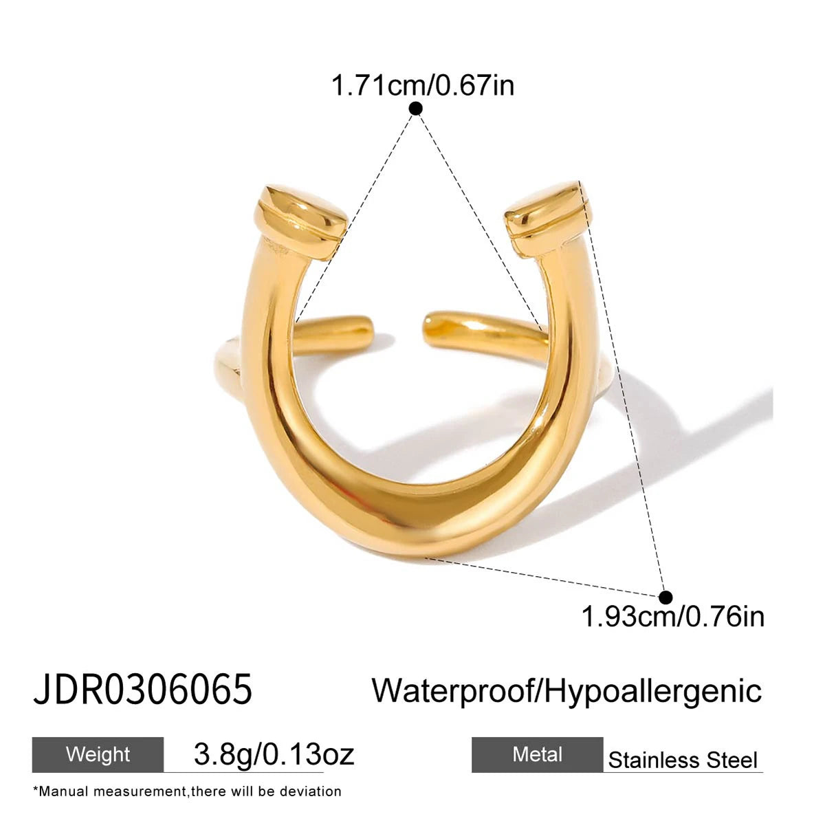 Zora Classic All-match Horseshoe U-shaped Open Ring with Rhinestones 18K Gold-plated Stainless Steel Waterproof Female Jewelry