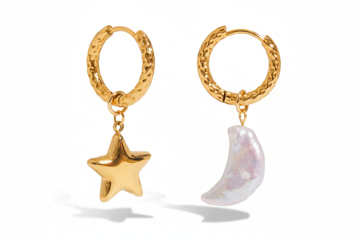 Celestial Pearl Drop Earrings – 18K Gold Plated Stainless Steel