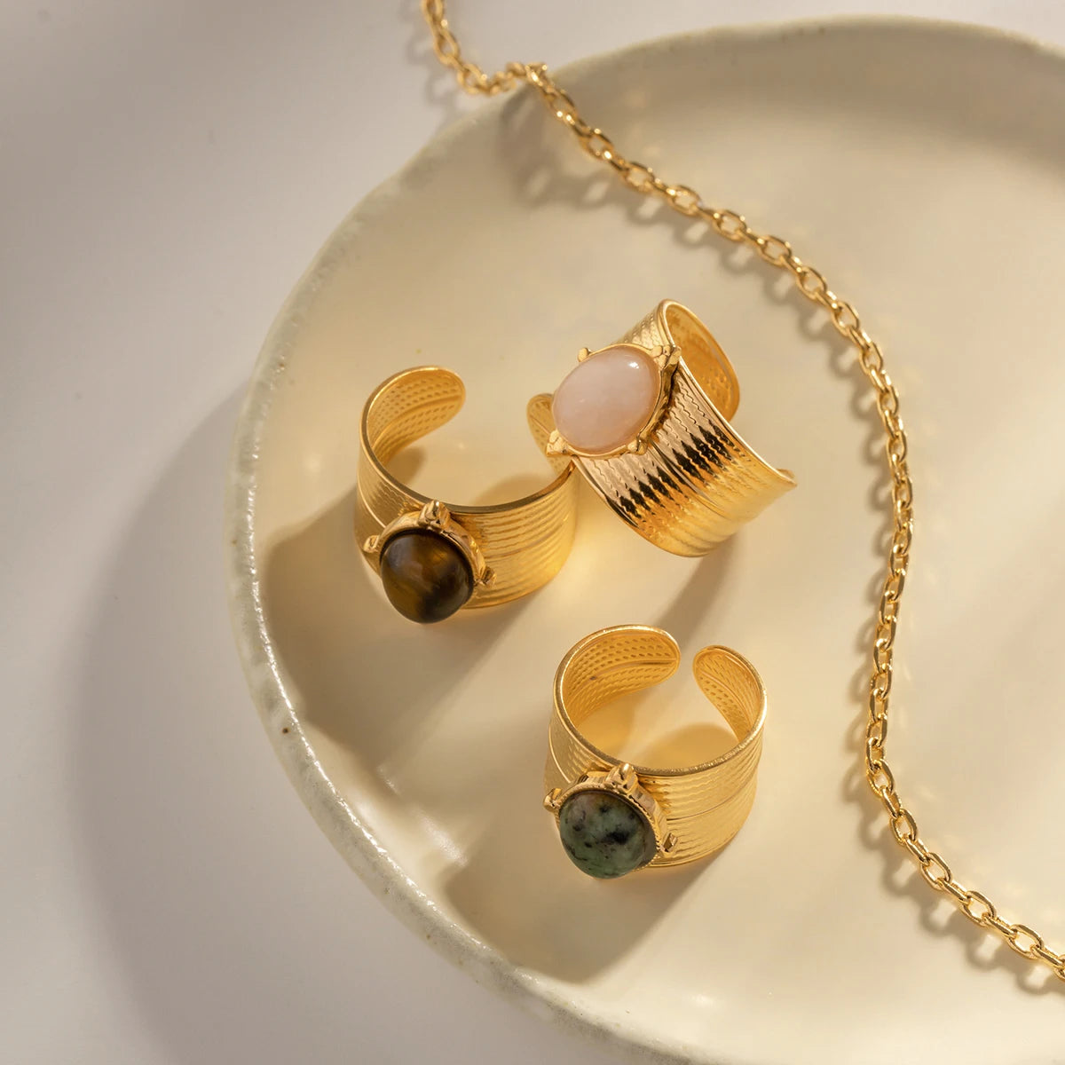 Natural Tiger Eye Open Ring – 18K Gold Plated Stainless Steel