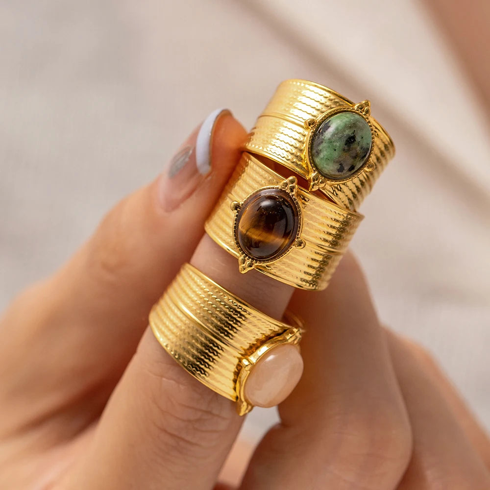 Natural Tiger Eye Open Ring – 18K Gold Plated Stainless Steel