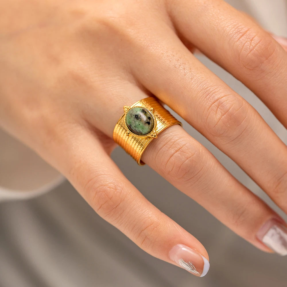 Natural Tiger Eye Open Ring – 18K Gold Plated Stainless Steel