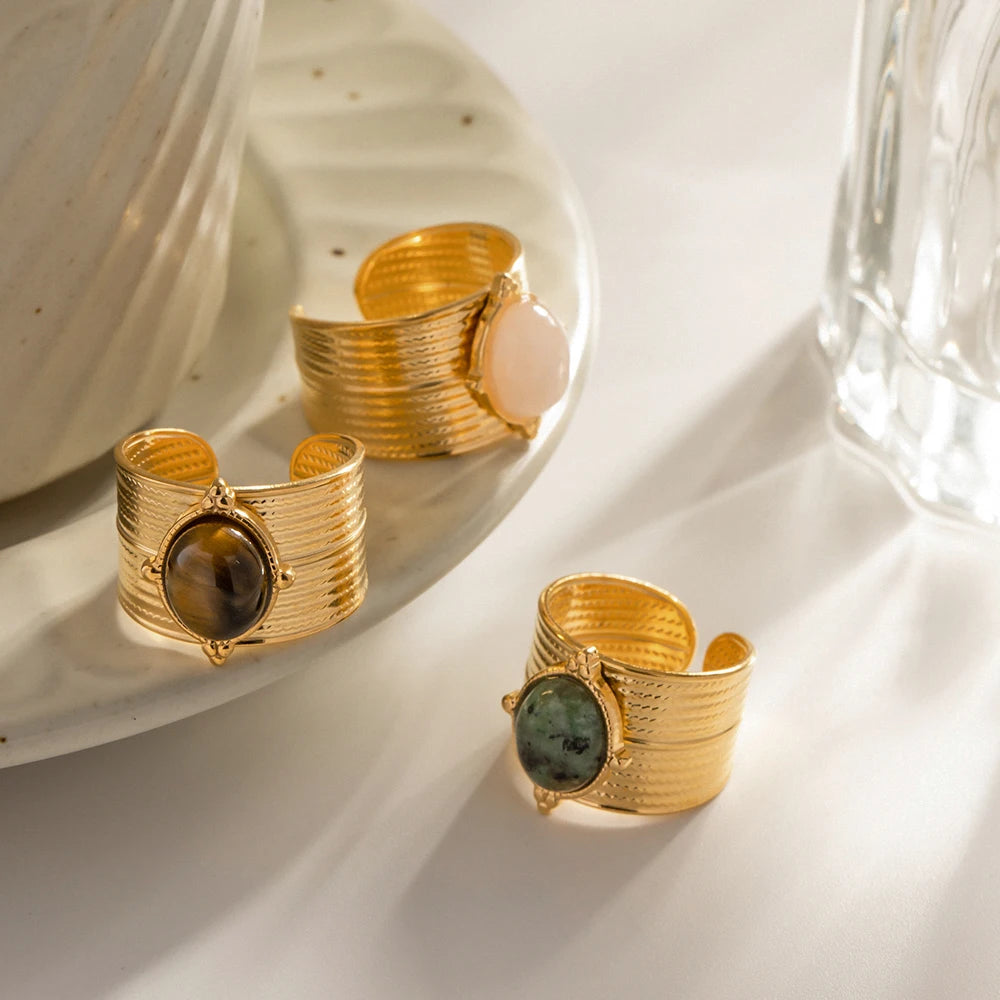 Natural Tiger Eye Open Ring – 18K Gold Plated Stainless Steel