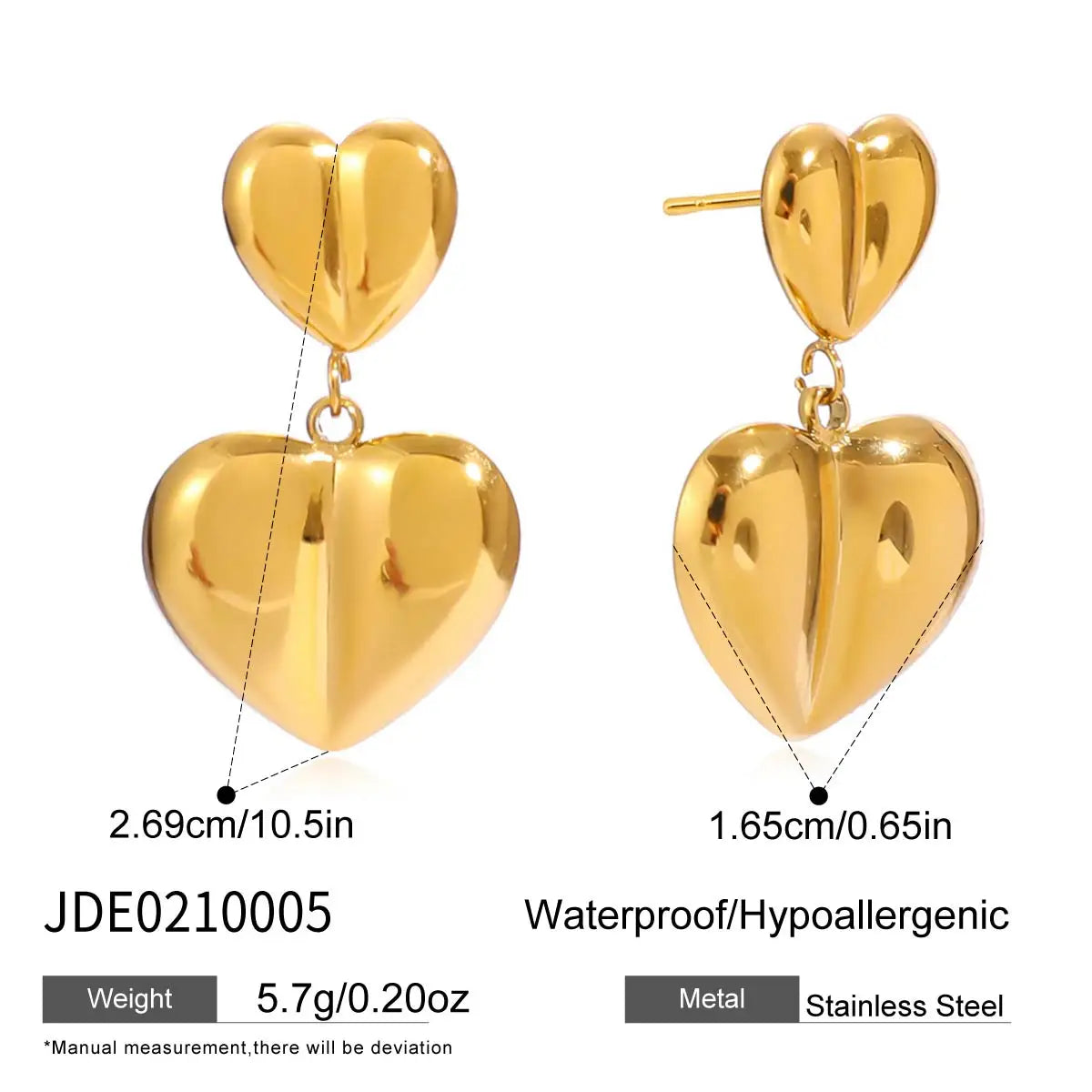 Tarnish-proof 18K Gold Plated Stainless Steel Chunky Smooth Love Heart Earring Hypo-Allergenic Women Jewelry Party Gift
