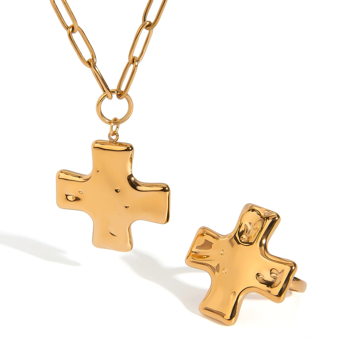 Hammered Cross Jewelry Set – 18K Gold Plated Stainless Steel