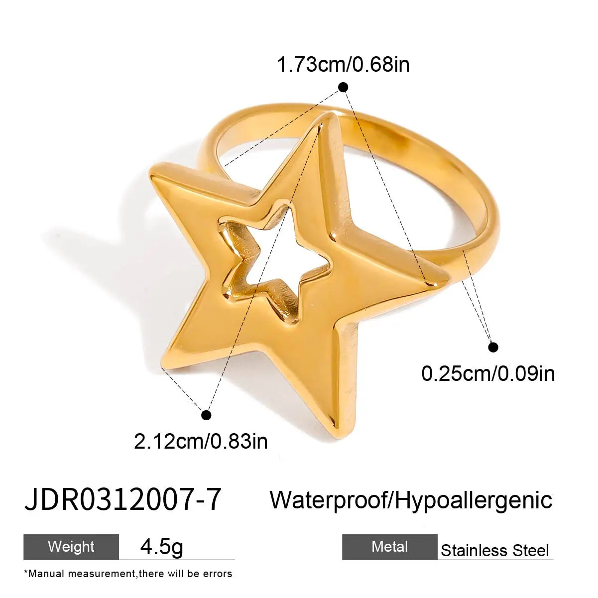 18K PVD Plated Light Cozy Stainless Steel Geometric Smooth Convex Pentagram Open Ring Trendy Women Premium Statement Jewelry