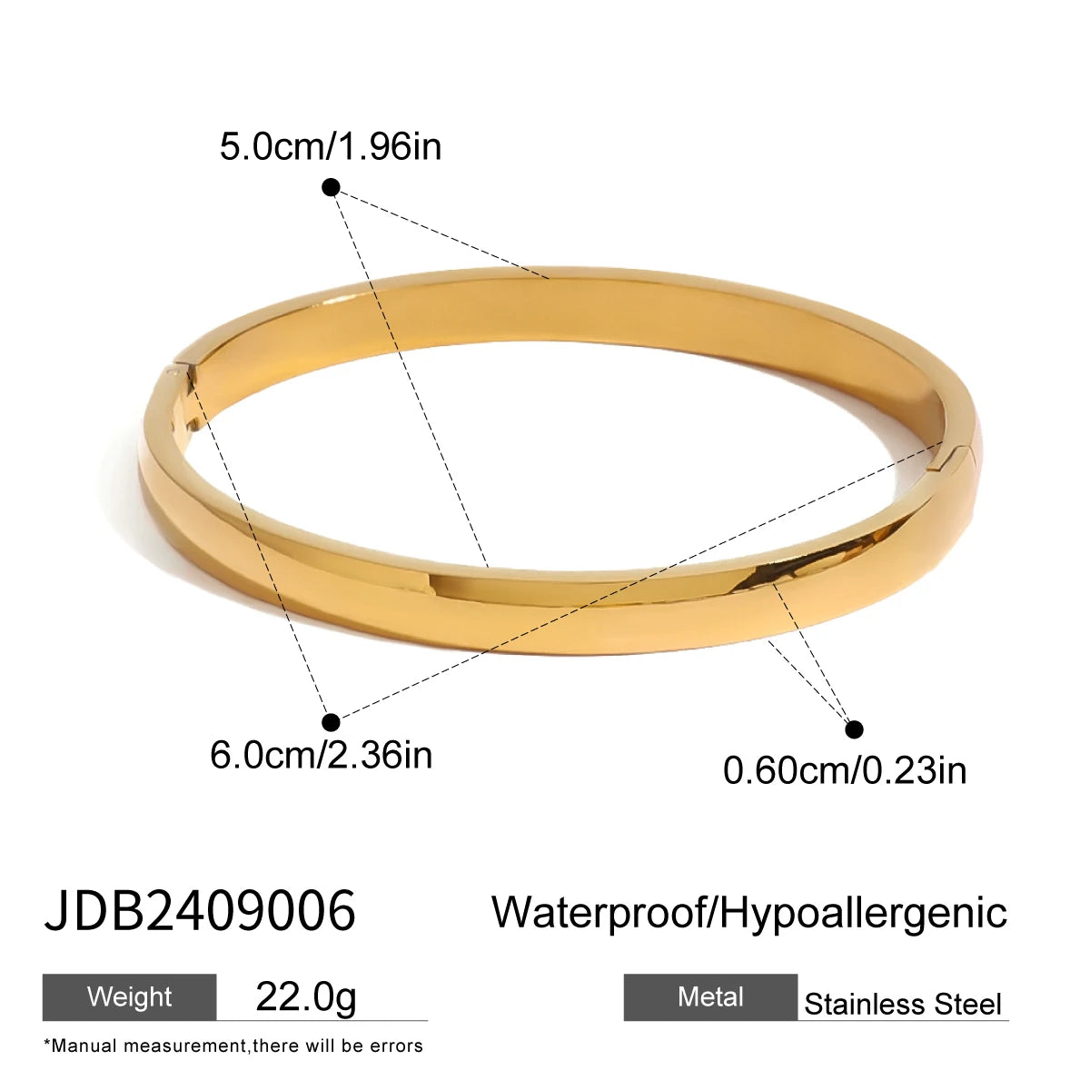 18k Gold Plated Smooth Steel Curved Square Smooth Buckle Bangle Cuff Bracelet Femme Waterproof Rust Proof Jewelry Bijoux