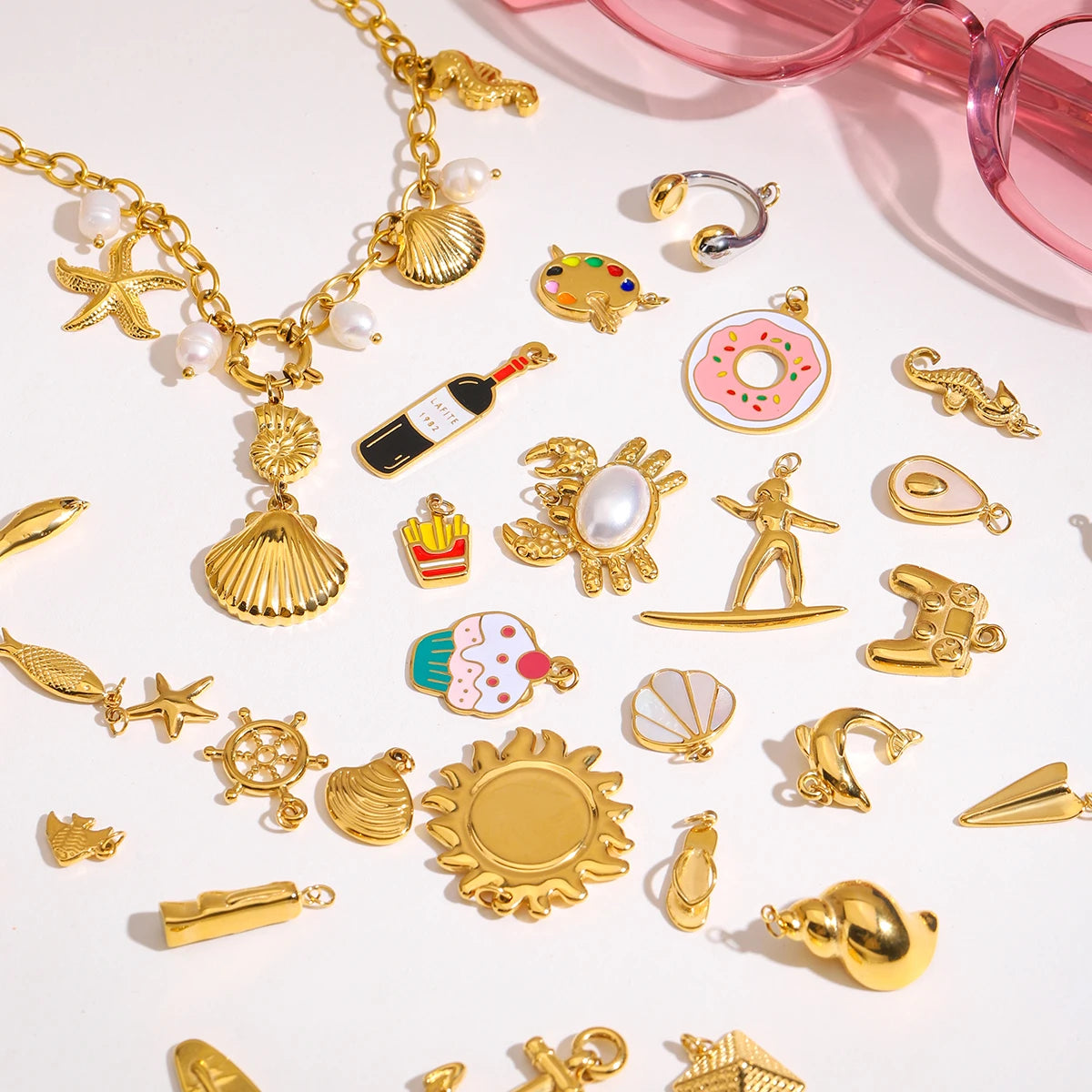 Zora Ocean Vacation 18K Gold Plated Stainless Steel Starfish Shell Pendant DIY Accessories Making Supplies for Necklace Bracelet