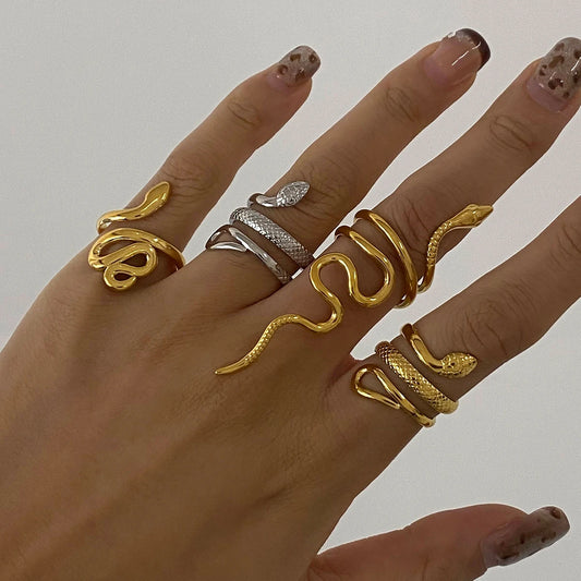 Creativity 18K Gold Plated Stainless Steel Serpentine Snake Shaped Series Open Ring Women Anti Allergic Charm Daily Jewelry