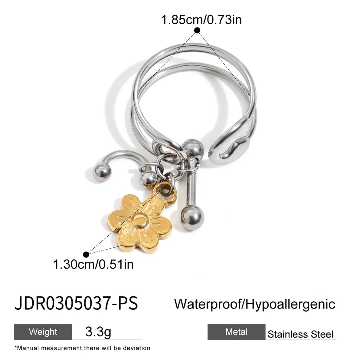 Zora Trendy Women's Paper Clip Design Flower Heart Star Pendant Open Ring 18K Gold-plated Stainless Steel Waterproof Jewelry