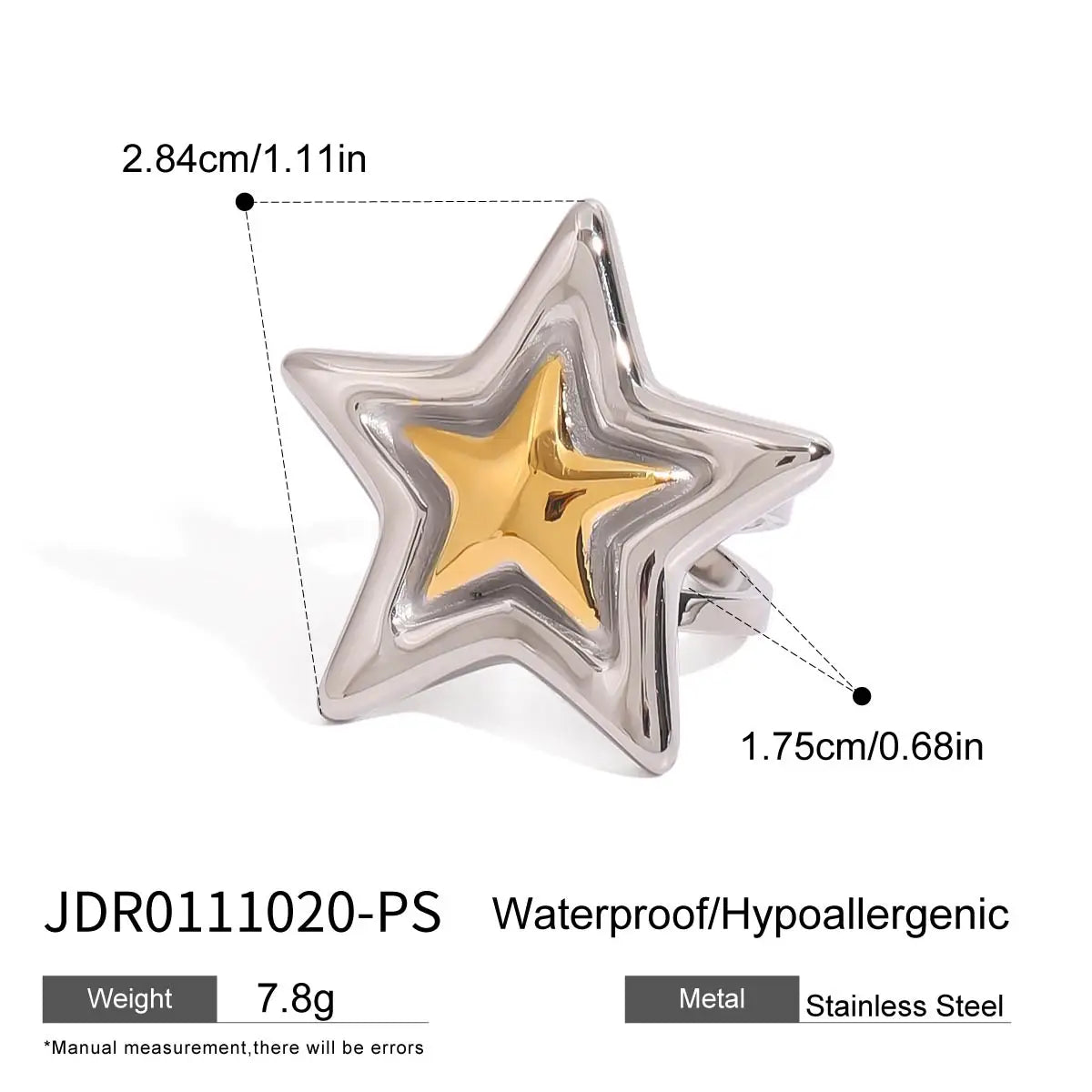 18K PVD Plated Light Cozy Stainless Steel Geometric Smooth Convex Pentagram Open Ring Trendy Women Premium Statement Jewelry