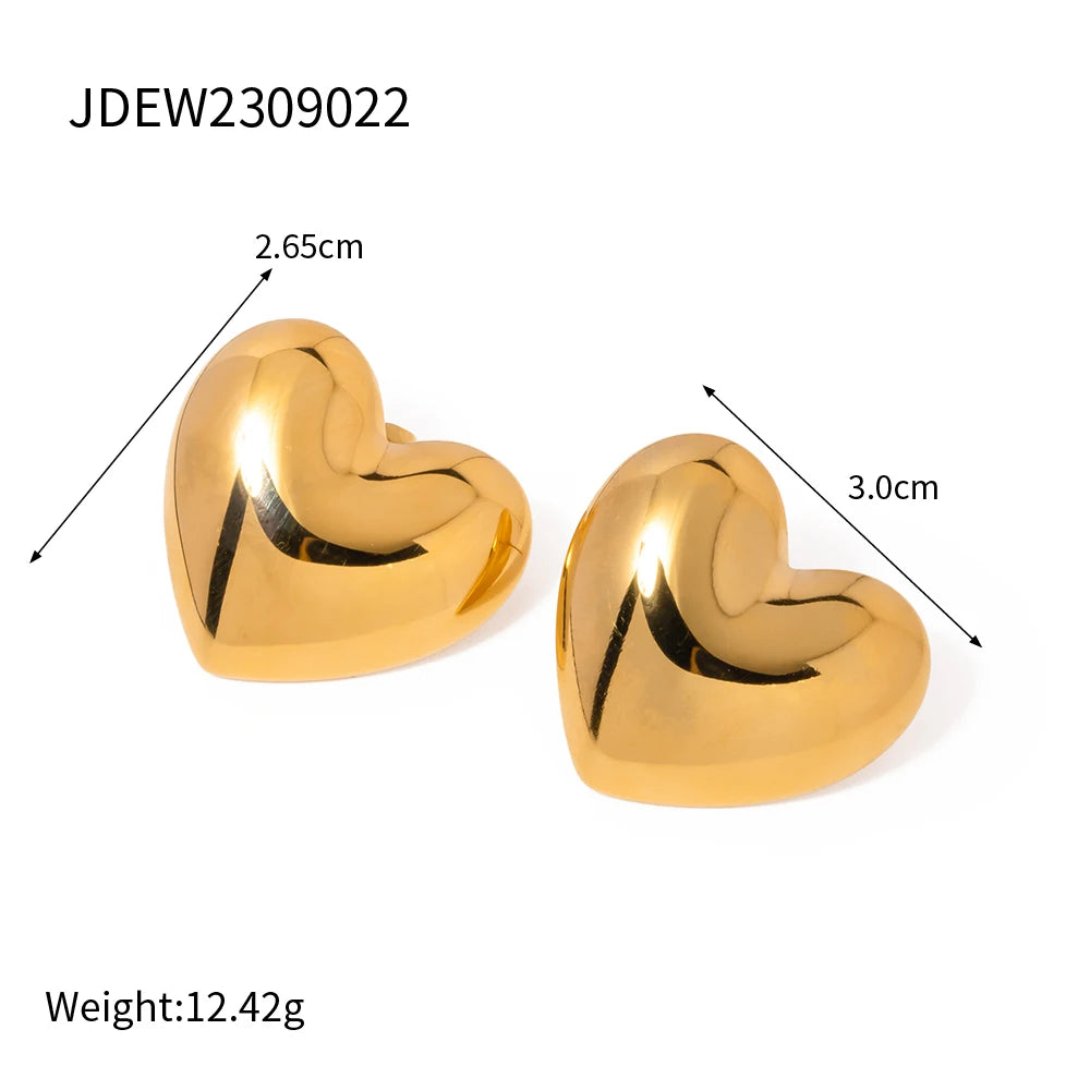 Tarnish-proof 18K Gold Plated Stainless Steel Chunky Smooth Love Heart Earring Hypo-Allergenic Women Jewelry Party Gift