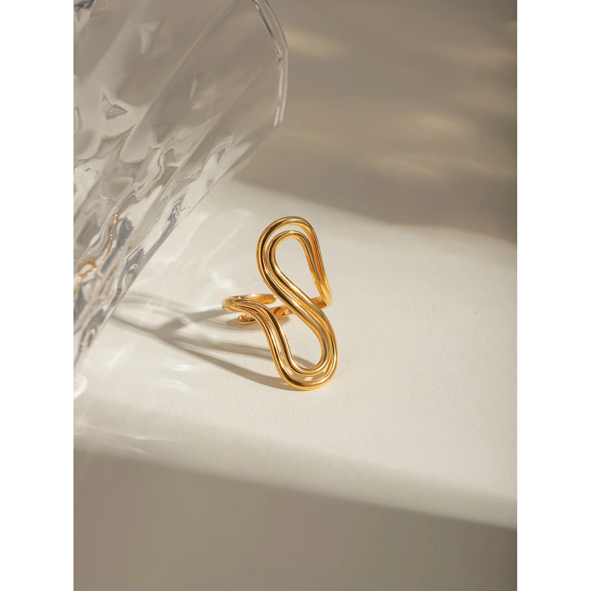 18k Gold Plated Stylish Unique Simple Double S-shaped Opening Ring Stainless Steel Women Anti Allergenic Waterproof Jewelry