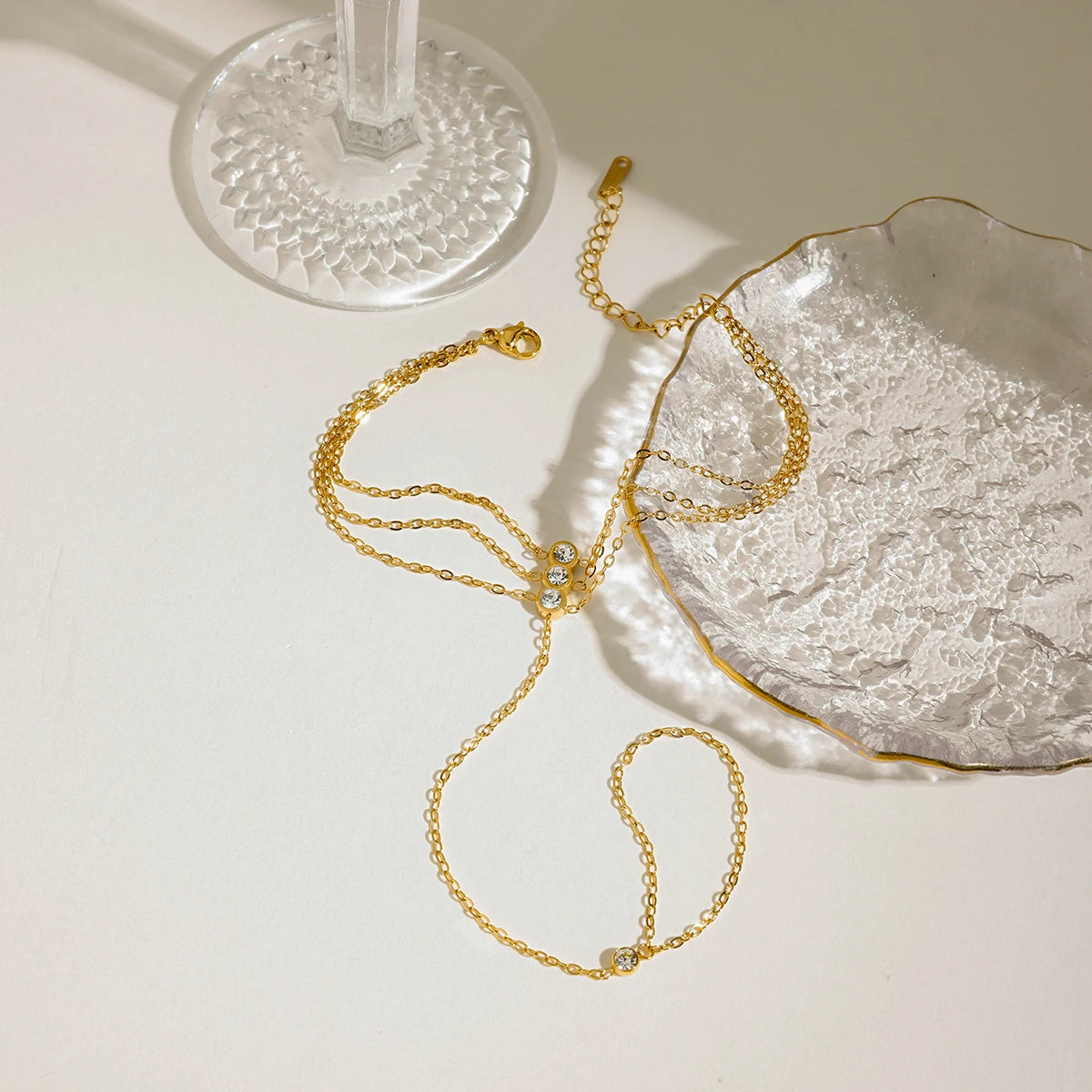 Zora Women's Stylish and Elegant Multi-layer Finger Bracelet 18K Gold-plated Stainless Steel Zircon Jewelry for Daily Wear