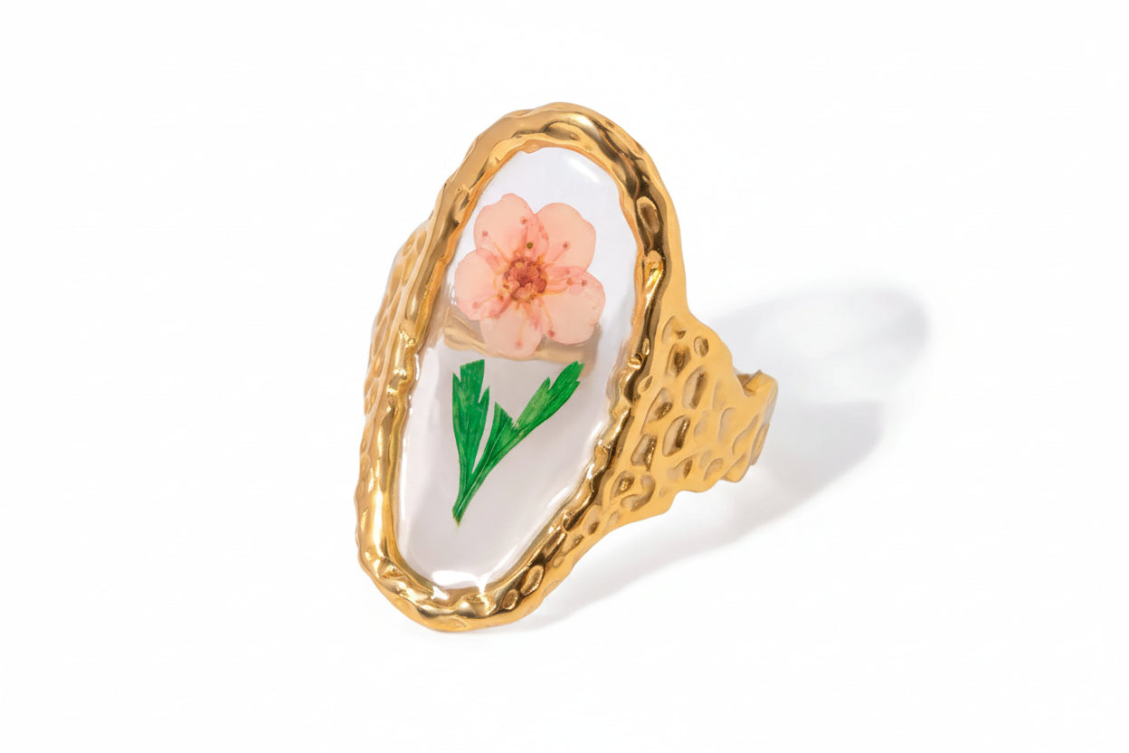 Pressed Flower Open Ring – 18K Gold Plated Stainless Steel