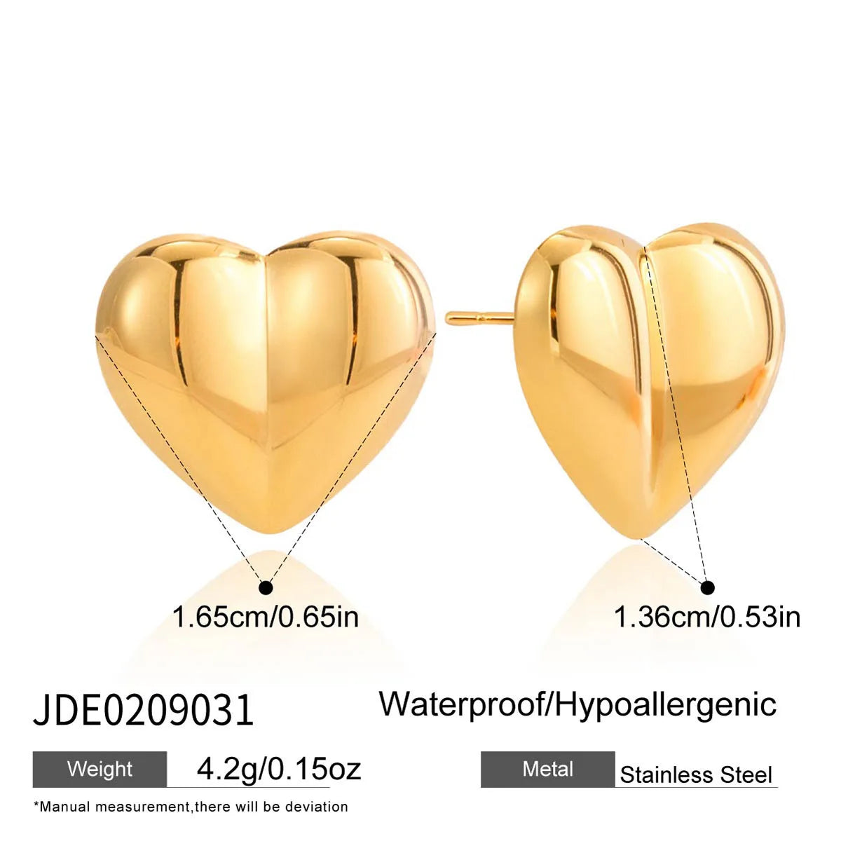 Tarnish-proof 18K Gold Plated Stainless Steel Chunky Smooth Love Heart Earring Hypo-Allergenic Women Jewelry Party Gift