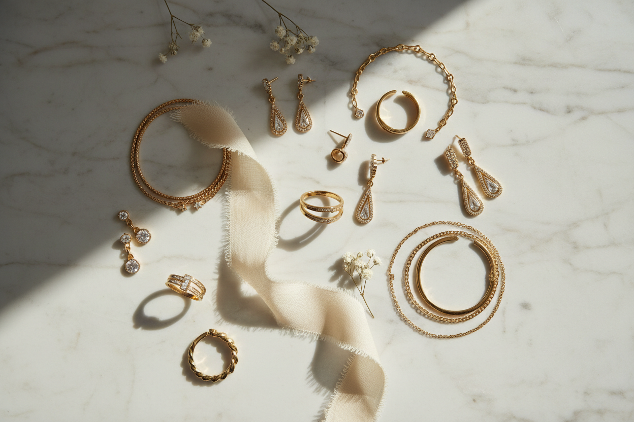 Gold jewelry flat-lay on marble